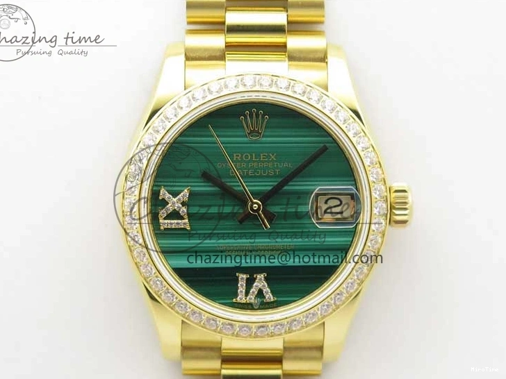 MiroTime 0408 Versatile Daydate 278288 31mm YG EWF Best Edition Green Malachite Dial Crystal Markers on YG President Bracelet ETA 2606